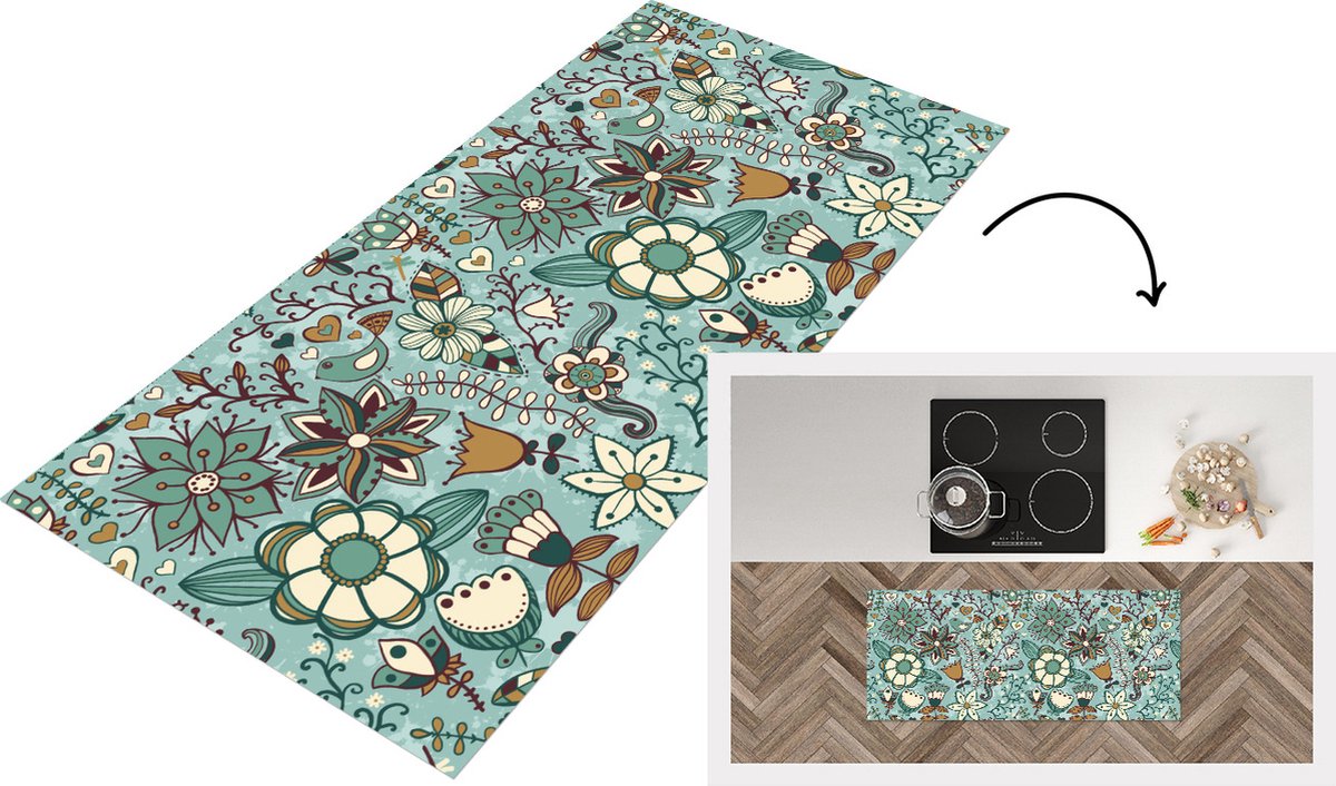 KitchenYeah Keukenloper - Loper keuken - Bohemian - Winter - Bloemen - Patroon - 120x50 cm - Keukenloper vinyl Multicolor