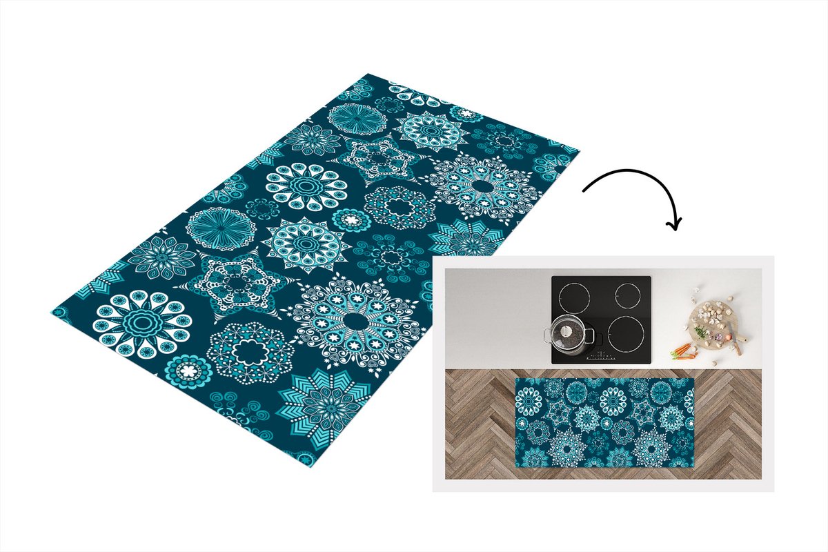 KitchenYeah Keukenloper - Loper keuken - Sneeuwvlok - Luxe - Blauw - Zilver - Design - 120x60 cm - Keukenloper vinyl Multicolor