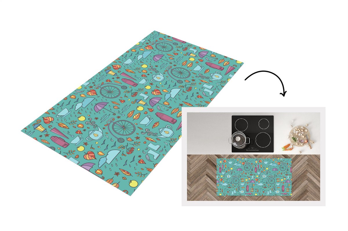 KitchenYeah Keukenloper - Loper keuken - Herfst - Patroon - Fiets - Regen - 120x60 cm - Keukenloper vinyl Multicolor