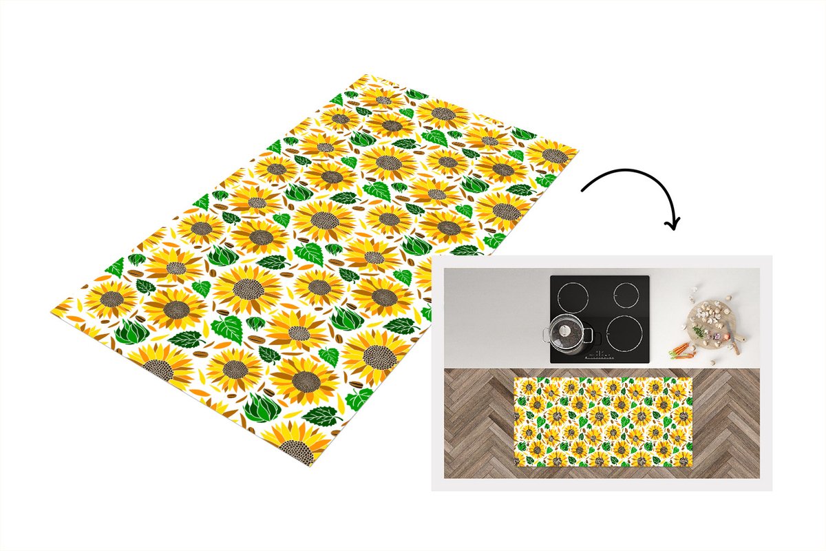 KitchenYeah Keukenloper - Loper keuken - Zonnebloem - Bladeren - Patronen - 120x60 cm - Keukenloper vinyl Multicolor