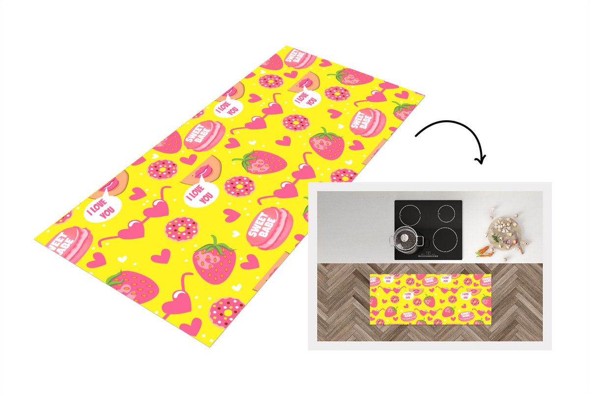 KitchenYeah Keukenloper - Loper keuken - Eten - Patroon - Roze - 120x50 cm - Keukenloper vinyl Multicolor
