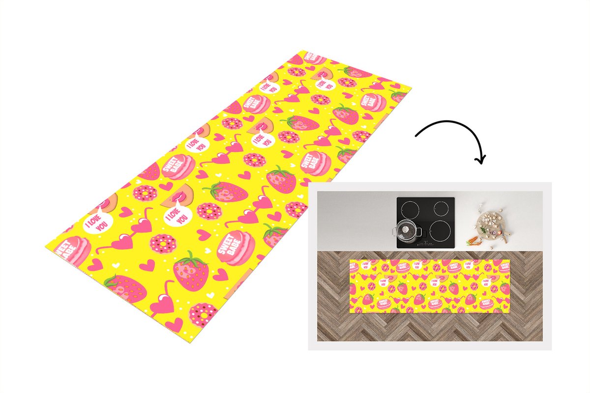 KitchenYeah Keukenloper - Loper keuken - Eten - Patroon - Roze - Keukenloper vinyl Multicolor