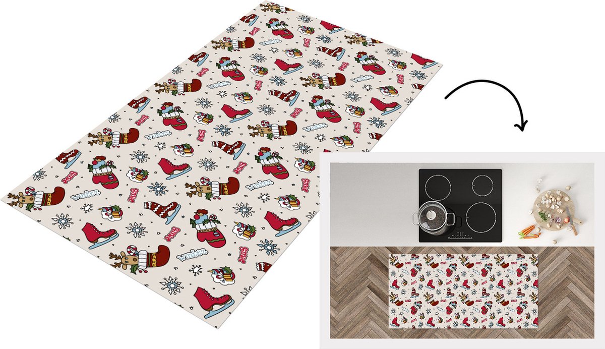 KitchenYeah Keukenloper - Loper keuken - Kerst - Schaats - Kerstcadeau - Patroon - 120x60 cm - Keukenloper vinyl Multicolor