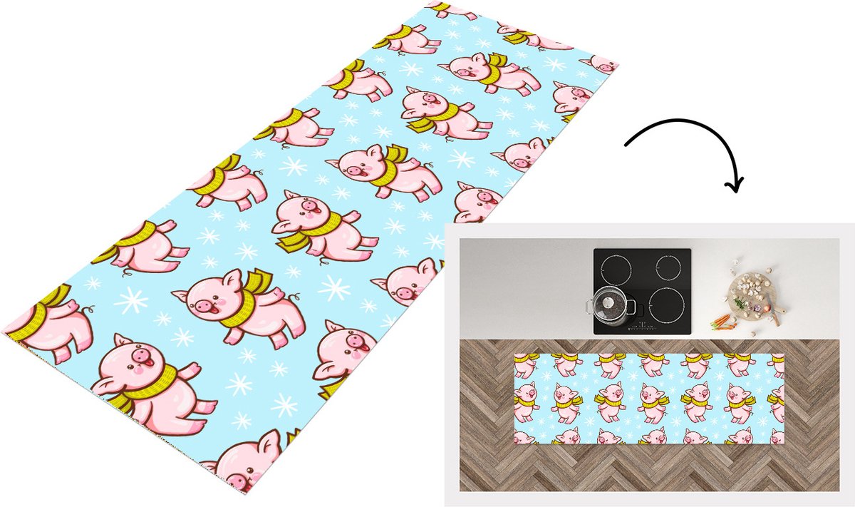 KitchenYeah Keukenloper - Loper keuken - Varken - Sjaal - Kinderen - Kerst - Patronen - 180x60 cm - Keukenloper vinyl Multicolor
