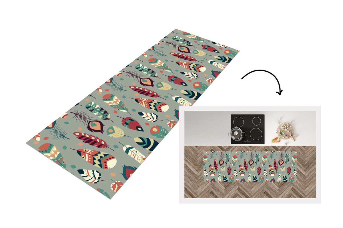 KitchenYeah Keukenloper - Loper keuken - Tieners - Veren - Patronen - 180x60 cm - Keukenloper vinyl Multicolor