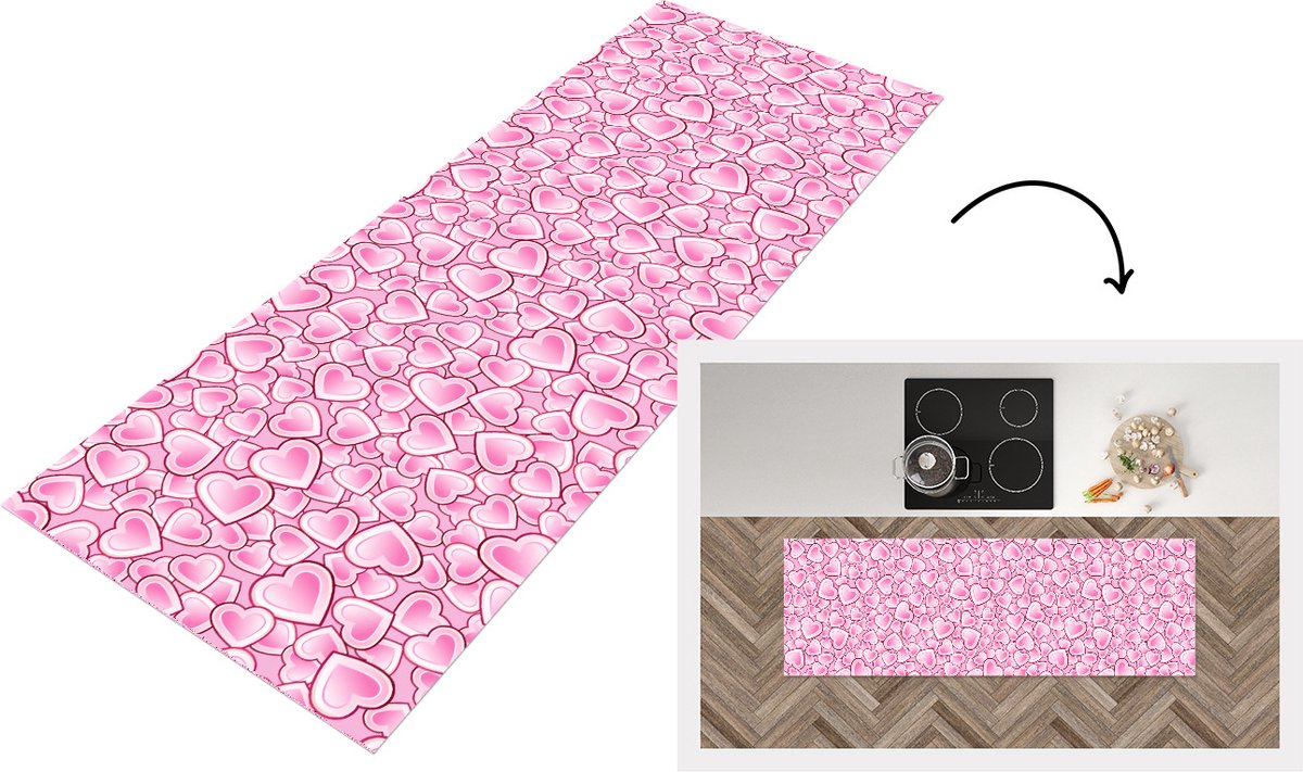 KitchenYeah Keukenloper - Loper keuken - Meiden - Hartjes - Roze - Patronen - 150x50 cm - Keukenloper vinyl Multicolor