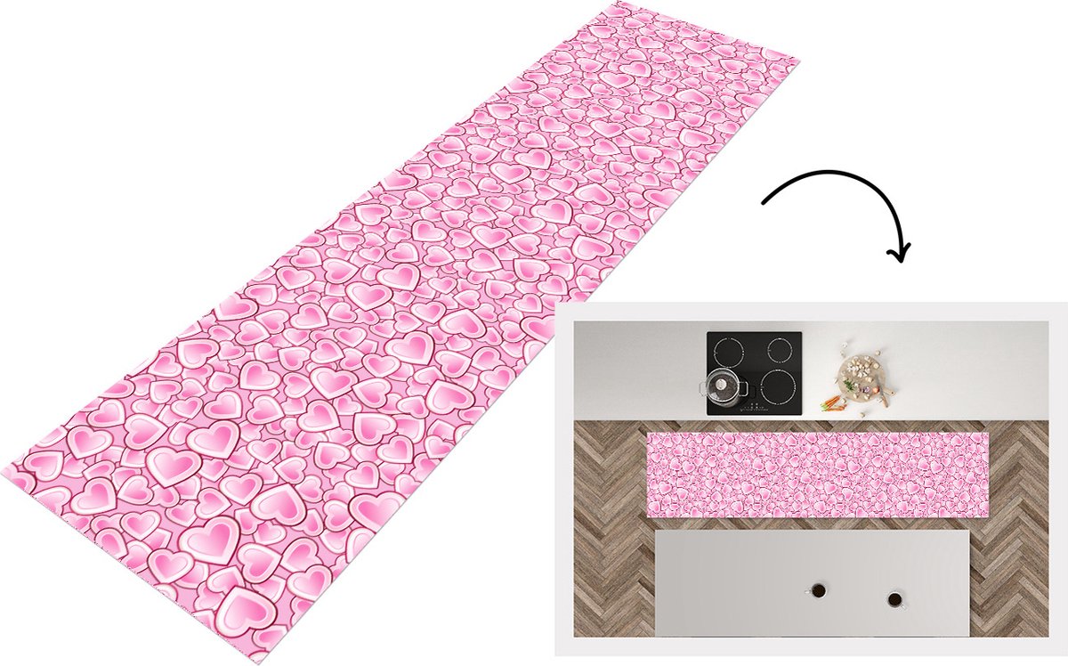 KitchenYeah Keukenloper - Loper keuken - Meiden - Hartjes - Roze - Patronen - 200x50 cm - Keukenloper vinyl Multicolor