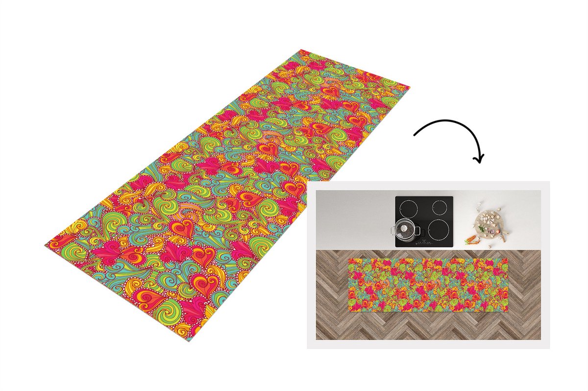 KitchenYeah Keukenloper - Loper keuken - Meiden - Hart - Krullen - Patronen - 180x60 cm - Keukenloper vinyl Multicolor