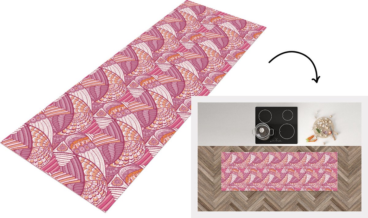 KitchenYeah Keukenloper - Loper keuken - Meiden - Veren - Roze - Patronen - 150x50 cm - Keukenloper vinyl Multicolor