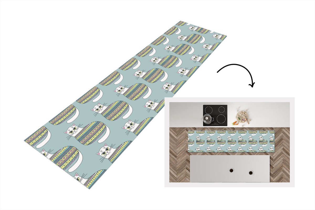 KitchenYeah Keukenloper - Loper keuken - Meisje - Katten - Trui - Patronen - 200x50 cm - Keukenloper vinyl Multicolor