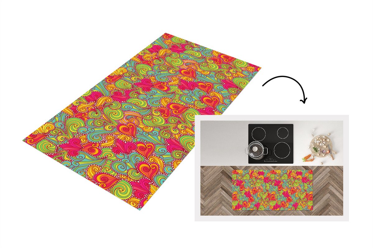 KitchenYeah Keukenloper - Loper keuken - Meiden - Hart - Krullen - Patronen - 120x60 cm - Keukenloper vinyl Multicolor