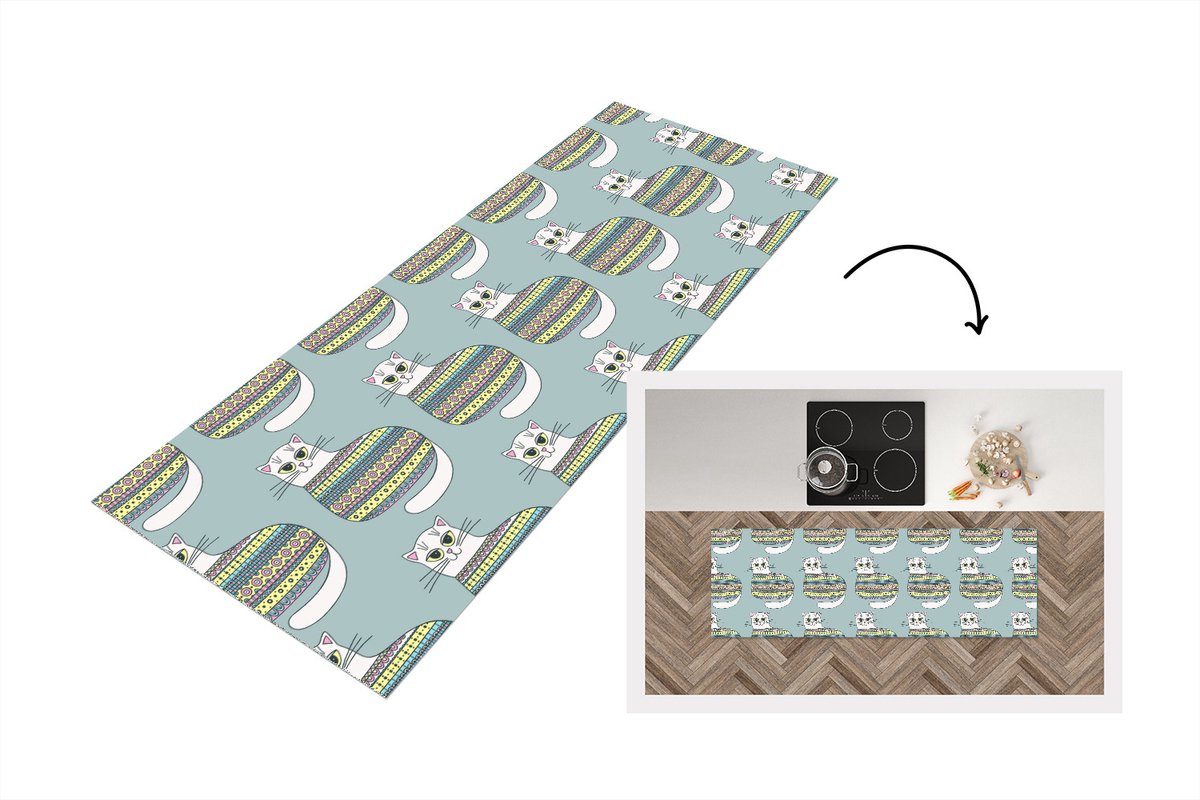 KitchenYeah Keukenloper - Loper keuken - Meisje - Katten - Trui - Patronen - 180x60 cm - Keukenloper vinyl Multicolor