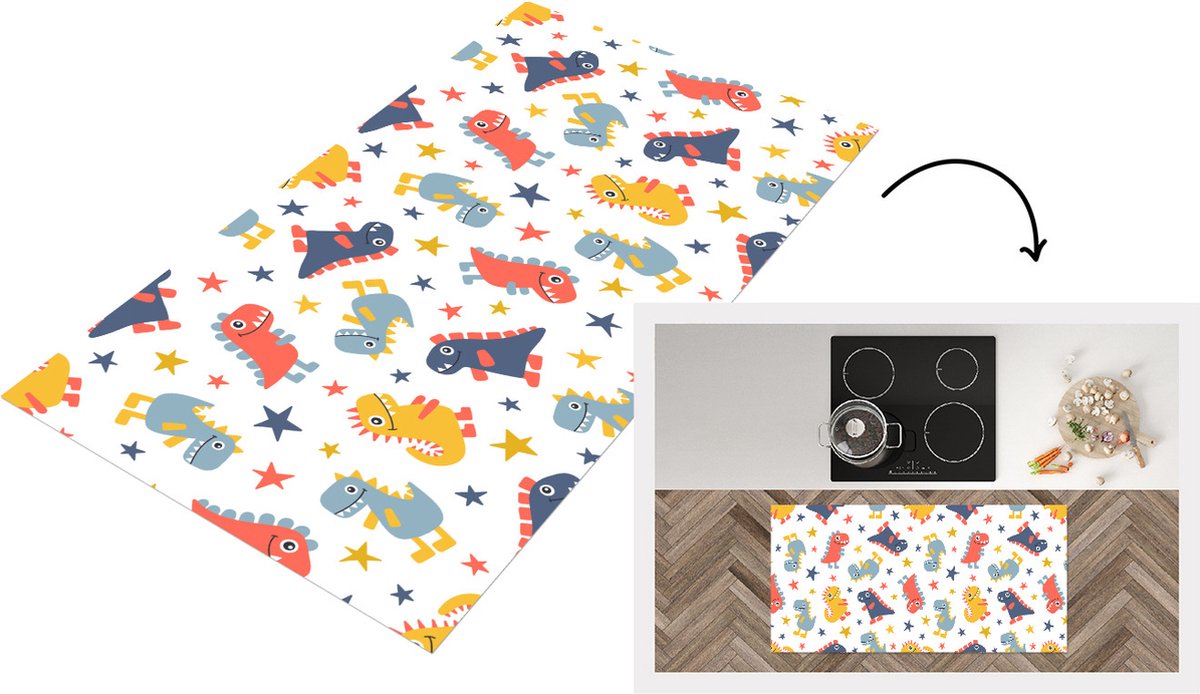 KitchenYeah Keukenloper - Loper keuken - Patronen - Dino - Sterren - 120x60 cm - Keukenloper vinyl Multicolor