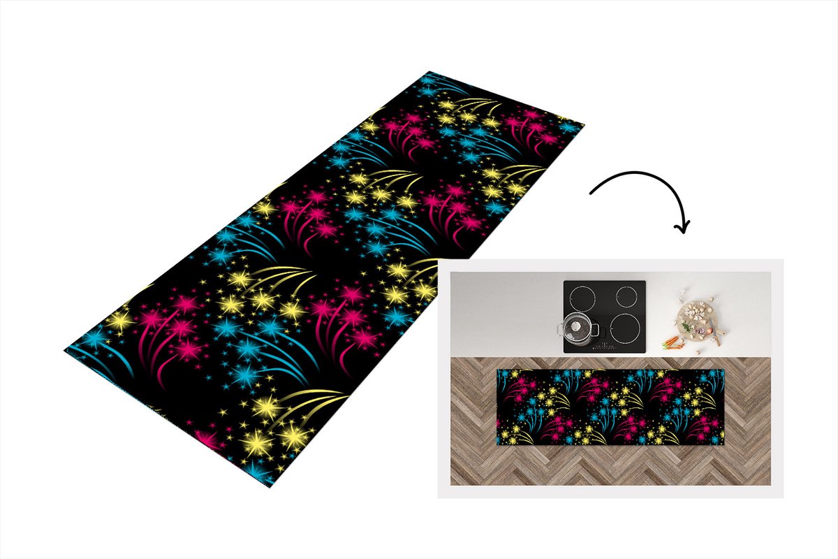 KitchenYeah Keukenloper - Loper keuken - Vuurwerk - Patroon - Oud en Nieuw - 150x50 cm - Keukenloper vinyl Multicolor