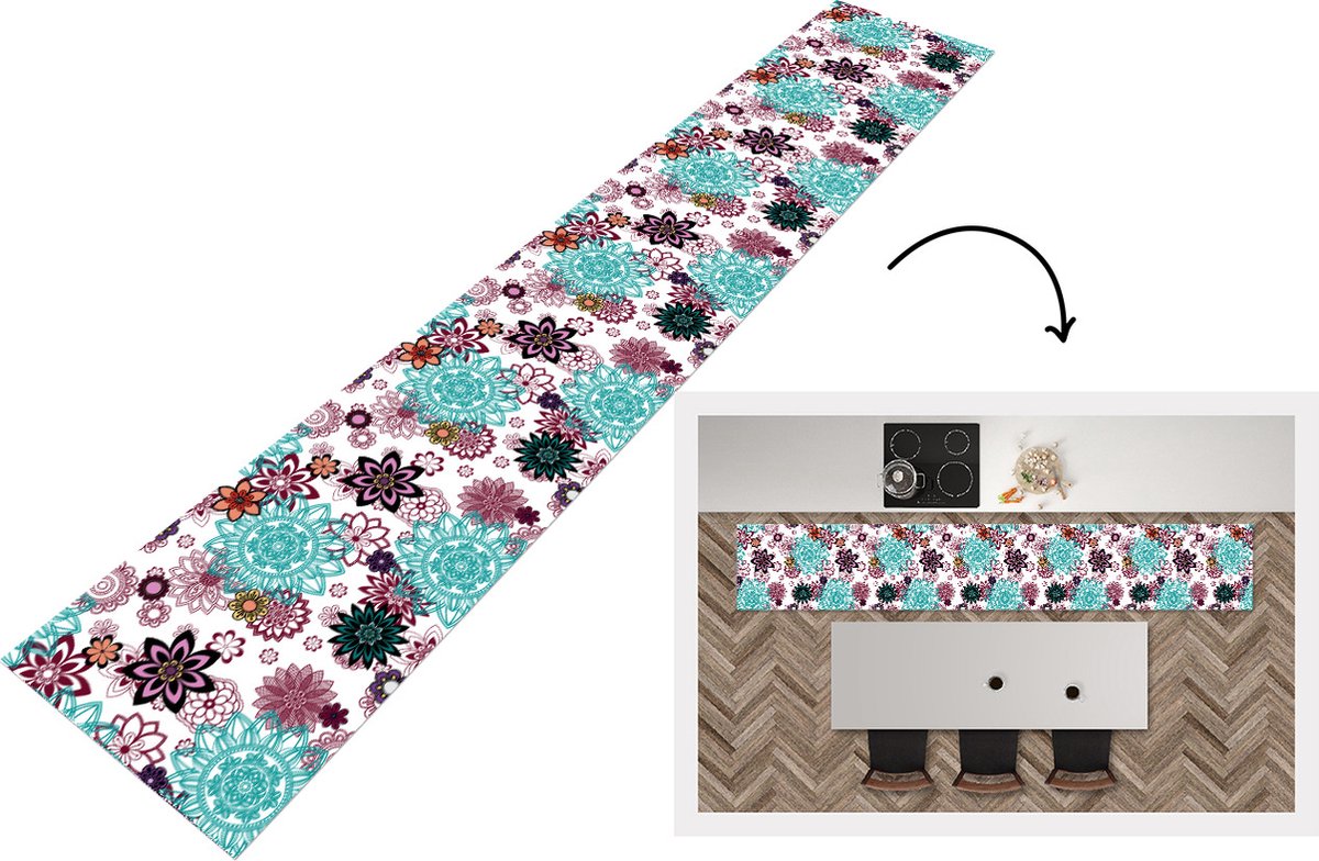 KitchenYeah Keukenloper - Loper keuken - Mandala - Bloemen - Patroon - 300x50 cm - Keukenloper vinyl Multicolor