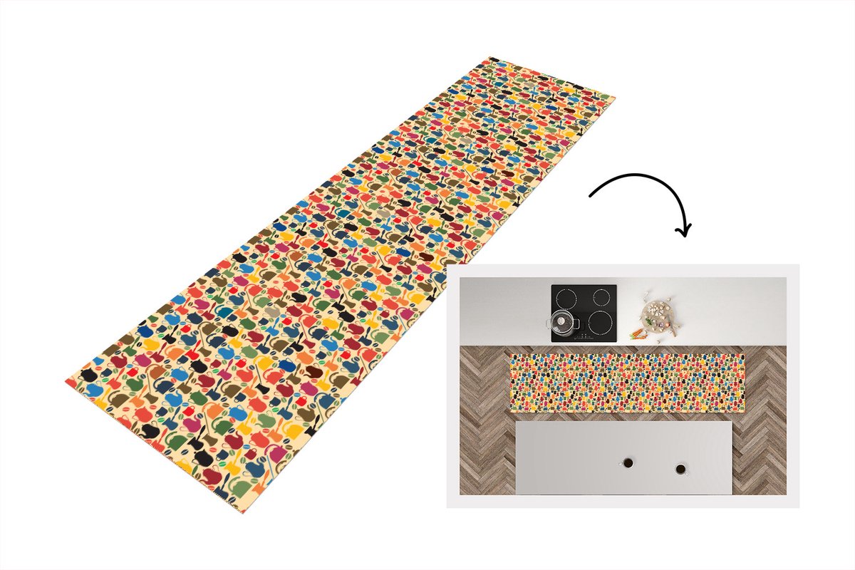 KitchenYeah Keukenloper - Loper keuken - Patronen - Koffie - Theepot - Retro - 200x50 cm - Keukenloper vinyl Multicolor