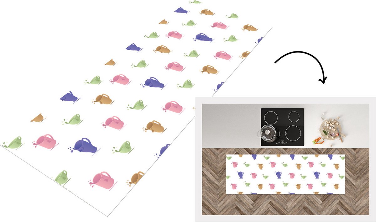 KitchenYeah Keukenloper - Loper keuken - Patronen - Thee - Theekop - 180x60 cm - Keukenloper vinyl Multicolor