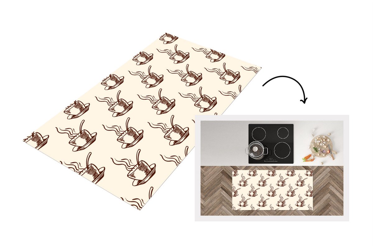 KitchenYeah Keukenloper - Loper keuken - Patronen - Vintage - Koffie - 120x60 cm - Keukenloper vinyl Multicolor