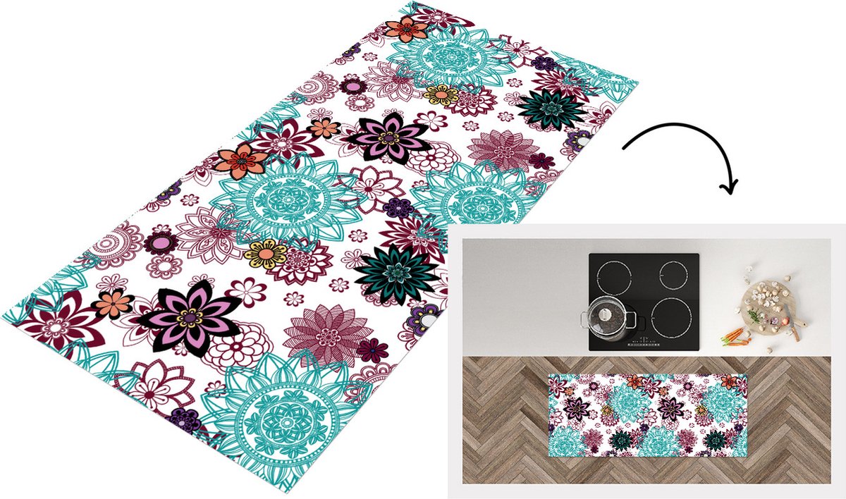 KitchenYeah Keukenloper - Loper keuken - Mandala - Bloemen - Patroon - 120x50 cm - Keukenloper vinyl Multicolor