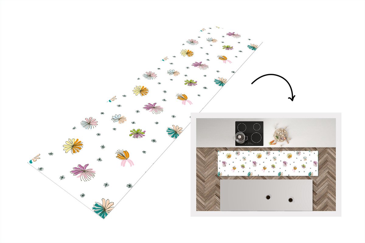 KitchenYeah Keukenloper - Loper keuken - Bloemen - Regenboog - Flora - Pastel - Patronen - 200x50 cm - Keukenloper vinyl Multicolor