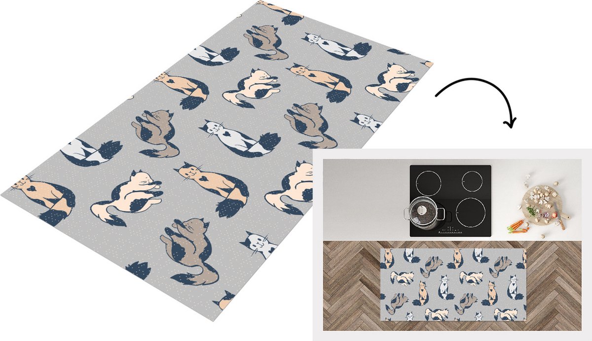 KitchenYeah Keukenloper - Loper keuken - Patroon - Kat - Hart - 120x60 cm - Keukenloper vinyl Multicolor