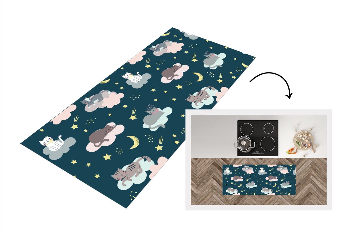KitchenYeah Keukenloper - Loper keuken - Patronen - Kat - Maan - 120x50 cm - Keukenloper vinyl Multicolor