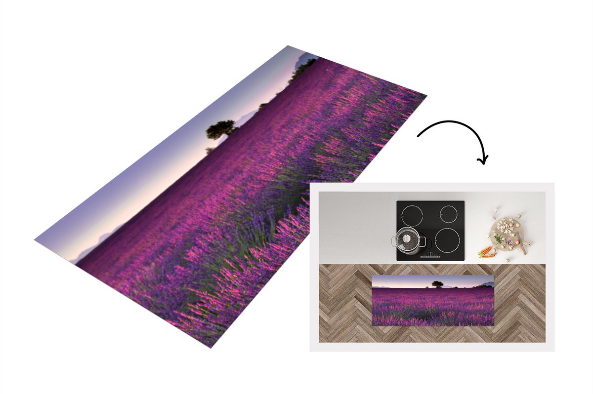 KitchenYeah Keukenloper - Loper keuken - Paarse lavendel bloemen in een veld - 120x50 cm - Keukenloper vinyl Multicolor
