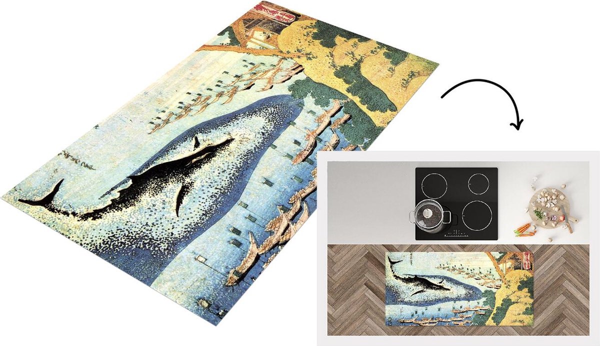KitchenYeah Keukenloper - Loper keuken - Een walvis bij Goto - schilderij van Katsushika Hokusai - 120x60 cm - Keukenloper vinyl Multicolor