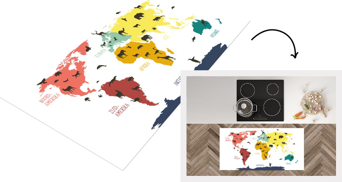 KitchenYeah Keukenloper - Loper keuken - Wereldkaart Kinderen - Dieren - Kleurrijk - 120x60 cm - Keukenloper vinyl Multicolor