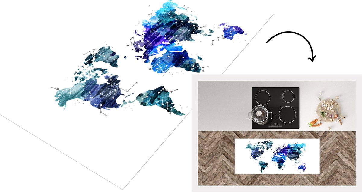 Keukenloper - Loper keuken - Wereldkaart - Sterrenhemel - Blauw - 120x50 cm - Keukenloper