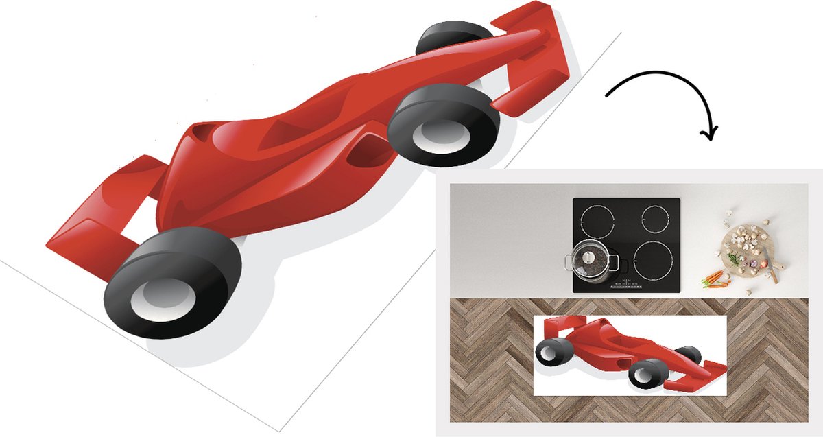 KitchenYeah Keukenloper - Loper keuken - Een rode racewagen van de Formule 1 in een illustratie - 120x50 cm - Keukenloper vinyl Multicolor