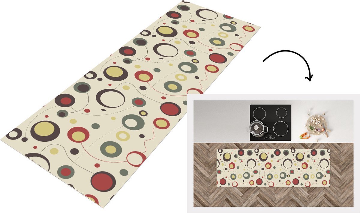 KitchenYeah Keukenloper - Loper keuken - Cirkel - Lijn - Design - 150x50 cm - Keukenloper vinyl Multicolor