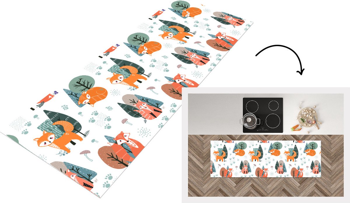 KitchenYeah Keukenloper - Loper keuken - Patronen - Vos - boom - 180x60 cm - Keukenloper vinyl Multicolor