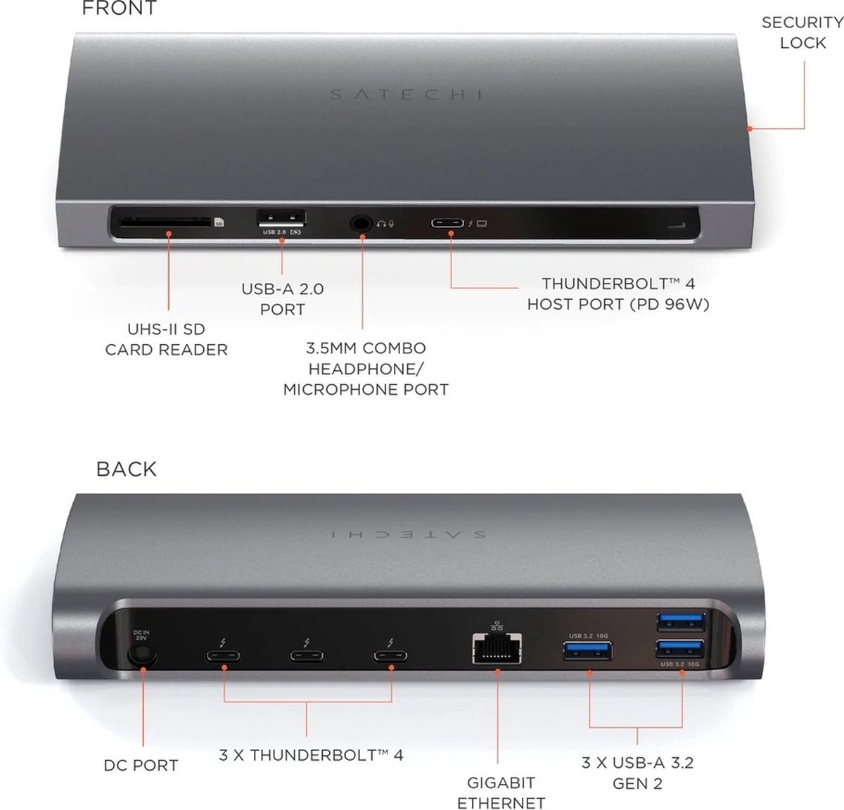 Satechi, Thunderbolt 4 multiport alles-in-één dockingstation met netadapter - Grijs