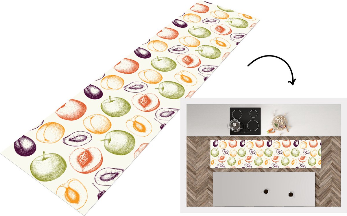 KitchenYeah Keukenloper - Loper keuken - Patroon - Eten - Illustratie - 200x50 cm - Keukenloper vinyl Multicolor
