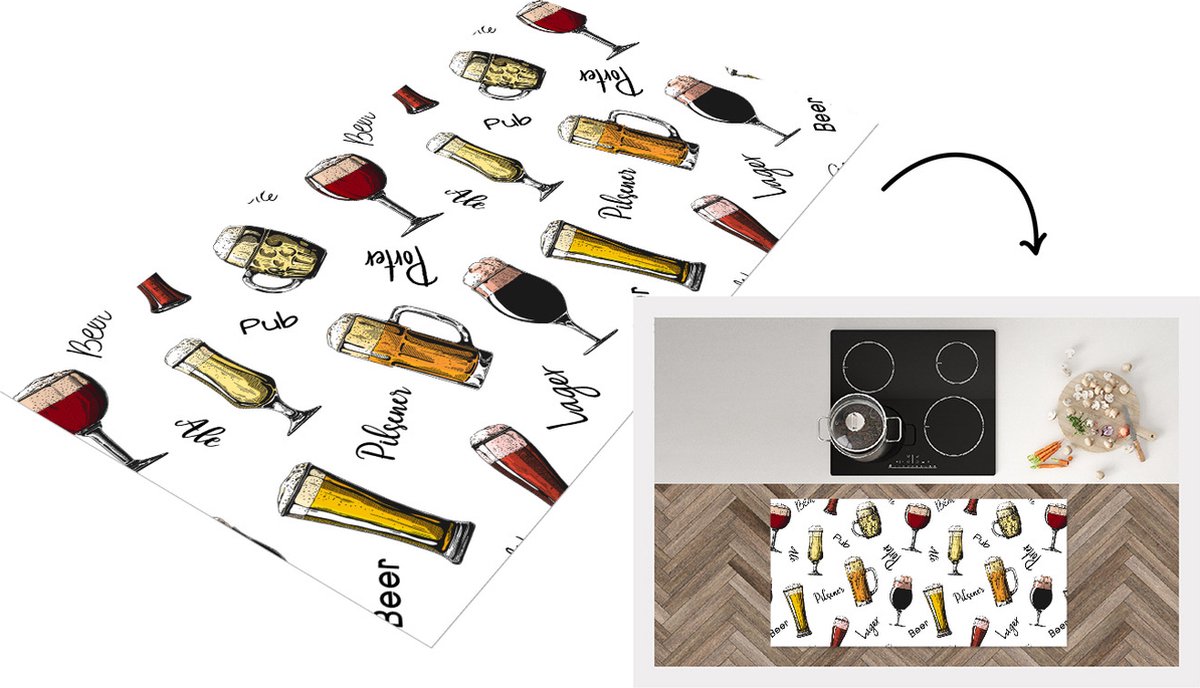 KitchenYeah Keukenloper - Loper keuken - Bier - Glazen - Patroon - 120x60 cm - Keukenloper vinyl Multicolor
