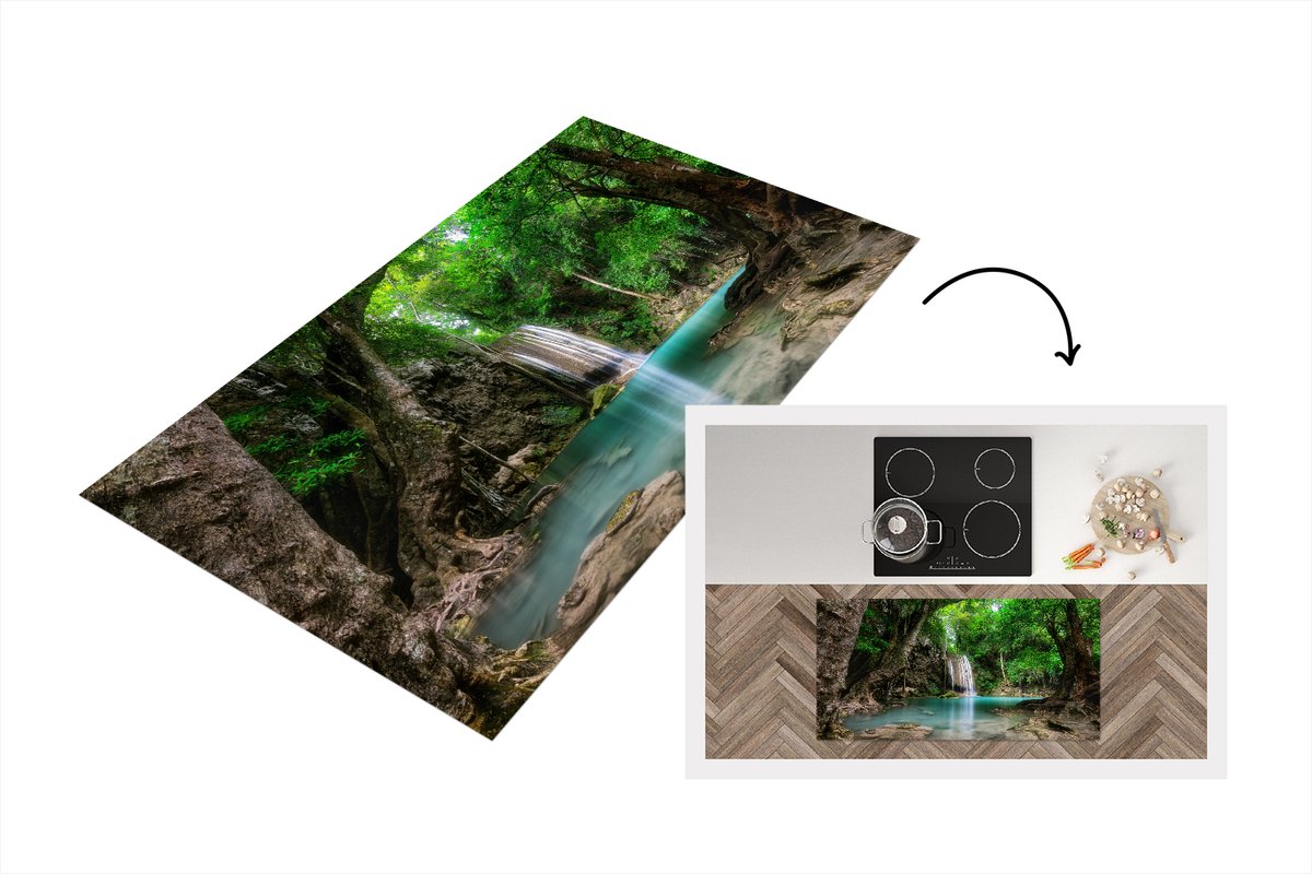 KitchenYeah Keukenloper - Loper keuken - Erawan Waterval in jungle Thailand foto - 120x60 cm - Keukenloper vinyl Multicolor