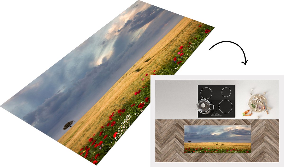 KitchenYeah Keukenloper - Loper keuken - Bloemen - Tarwe - Wolken - 120x50 cm - Keukenloper vinyl Multicolor