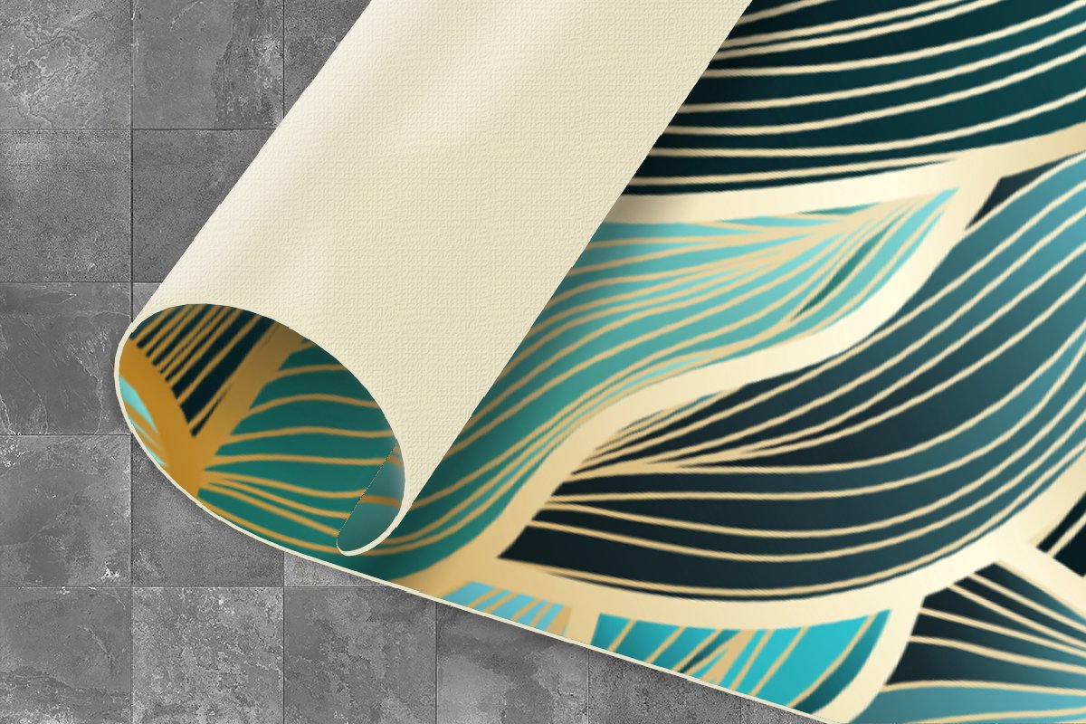 KitchenYeah Keukenloper - Loper keuken - Gouden golven op een blauwe achtergrond - 120x60 cm - Keukenloper vinyl Multicolor