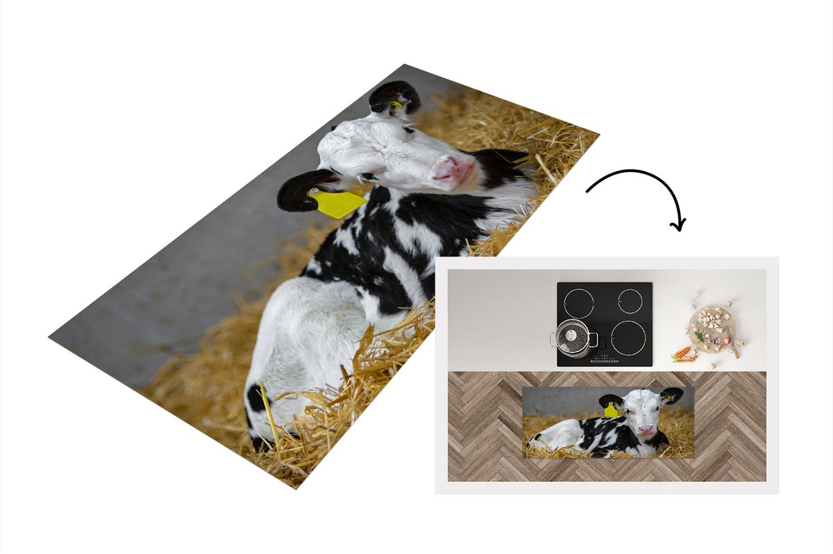 KitchenYeah Keukenloper - Loper keuken - Koe - Stro - Kalf - Dier - 120x50 cm - Keukenloper vinyl Multicolor