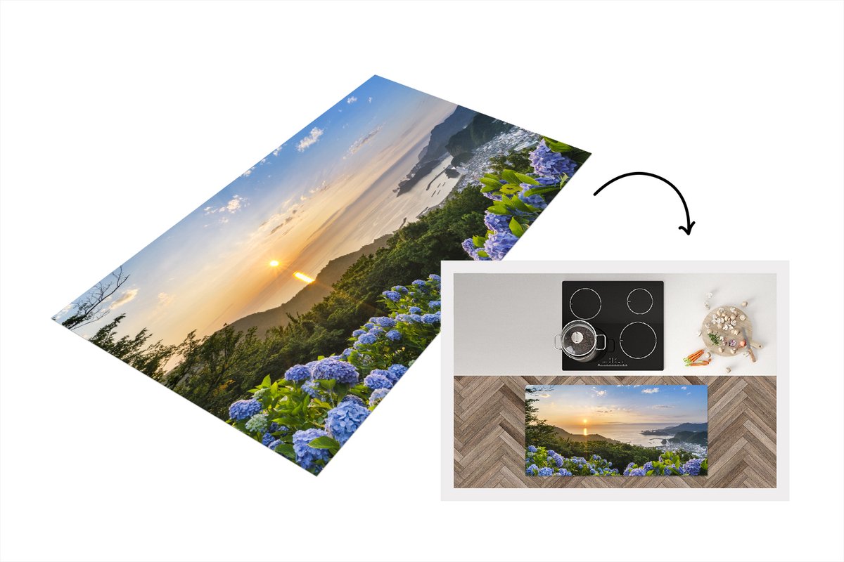 KitchenYeah Keukenloper - Loper keuken - Zonsondergang boven van hortensia bloemen - 120x60 cm - Keukenloper vinyl Multicolor