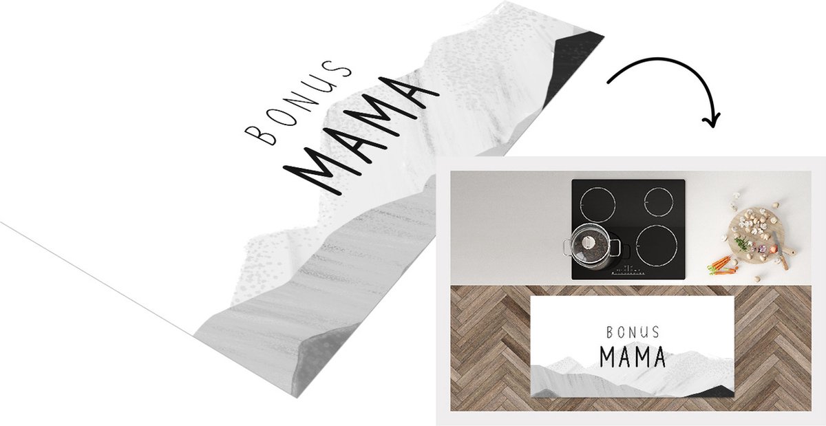KitchenYeah Keukenloper - Loper keuken - Spreuken - Quotes Bonus Mama - Stiefmoeder - Moeder - Moederdag cadeautje - zwart wit - 120x60 cm - Keukenloper vinyl Zwart; Wit
