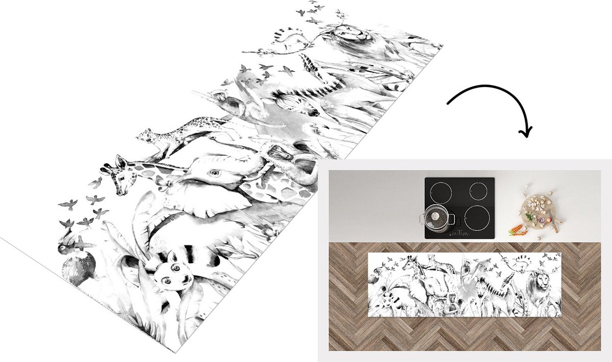 KitchenYeah Keukenloper - Loper keuken - Watercolor jungledieren met bergen - zwart wit - 180x60 cm - Keukenloper vinyl Zwart; Wit