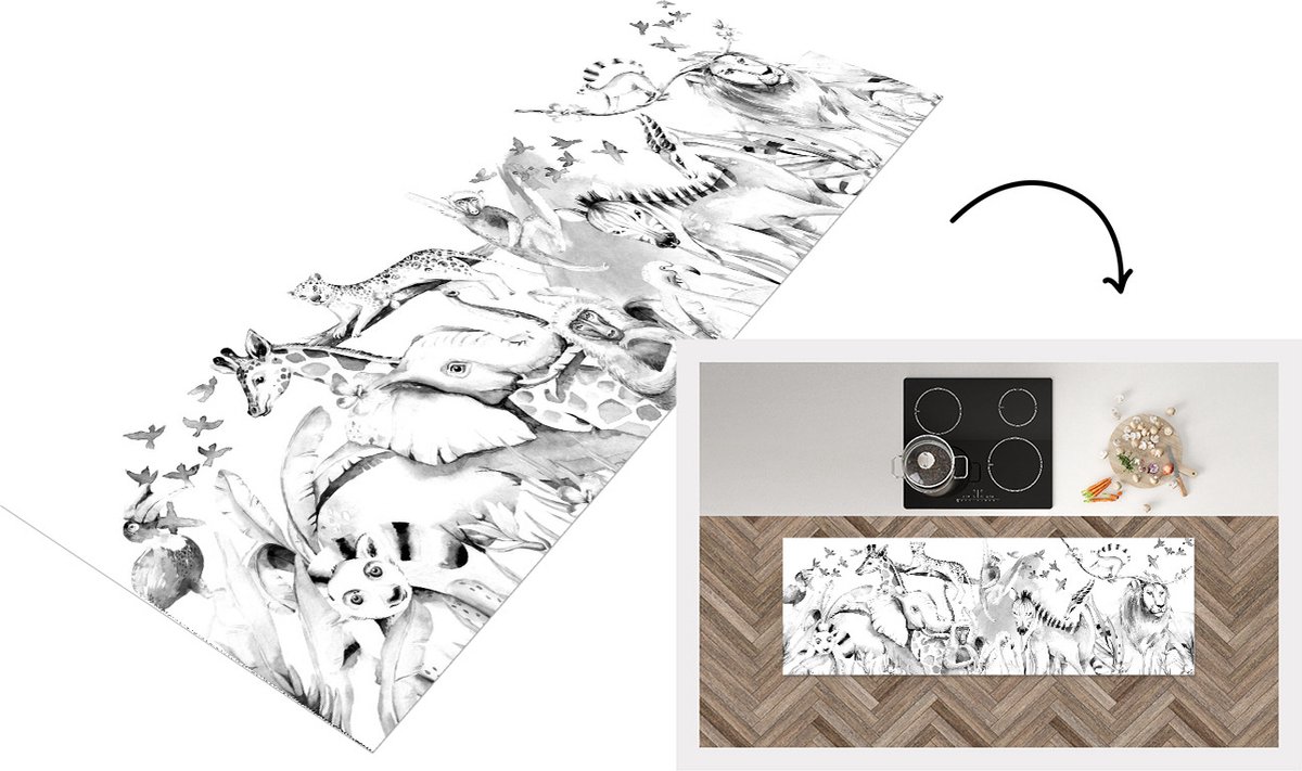 KitchenYeah Keukenloper - Loper keuken - Watercolor jungledieren op witte achtergrond met bergen - zwart wit - 150x50 cm - Keukenloper vinyl Zwart; Wit