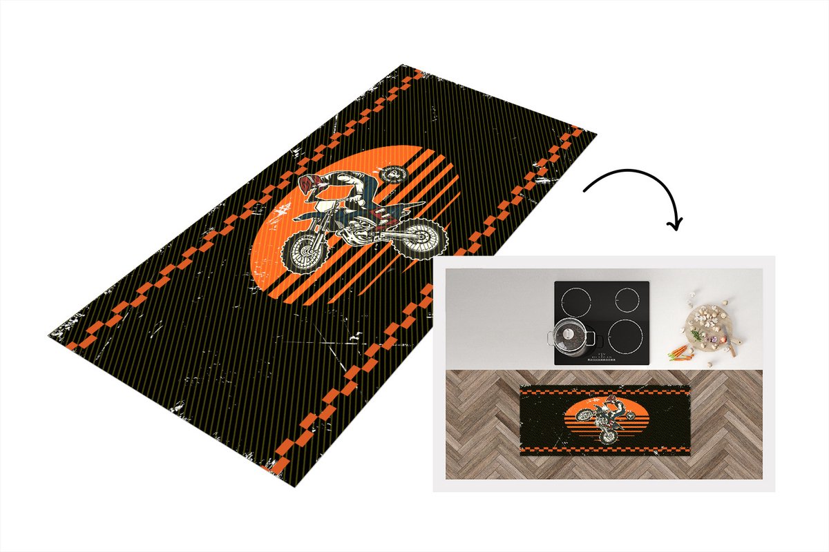 KitchenYeah Keukenloper - Loper keuken - Mancave - Crossmotor - Vintage - Oranje - Zwart - 120x50 cm - Keukenloper vinyl Multicolor