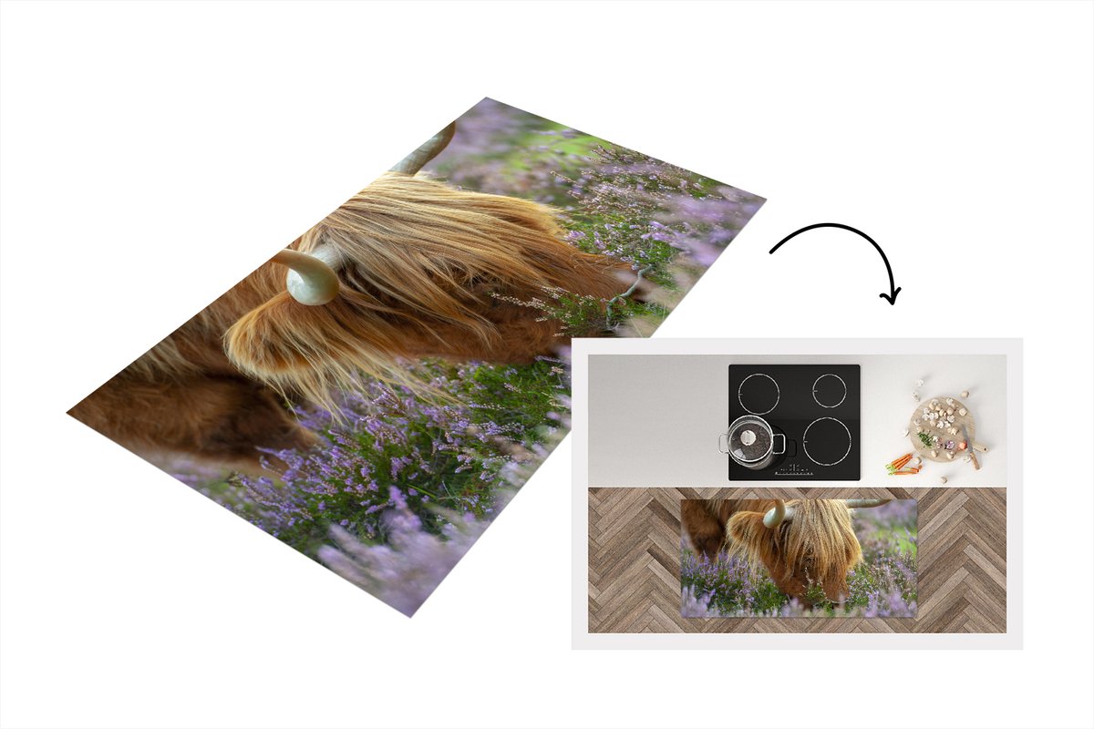 KitchenYeah Keukenloper - Loper keuken - Schotse Hooglander - Hoorns - Heide - 120x60 cm - Keukenloper vinyl Multicolor