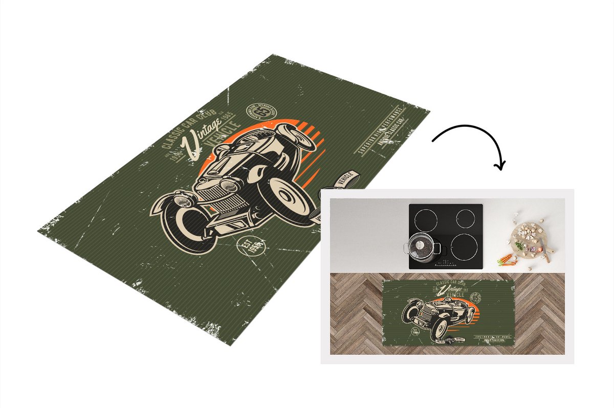 KitchenYeah Keukenloper - Loper keuken - Vintage - Oldtimer - Auto - 120x60 cm - Keukenloper vinyl Multicolor
