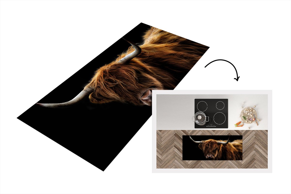 KitchenYeah Keukenloper - Loper keuken - Schotse Hooglander - Horens - Zwart - 120x50 cm - Keukenloper vinyl Multicolor