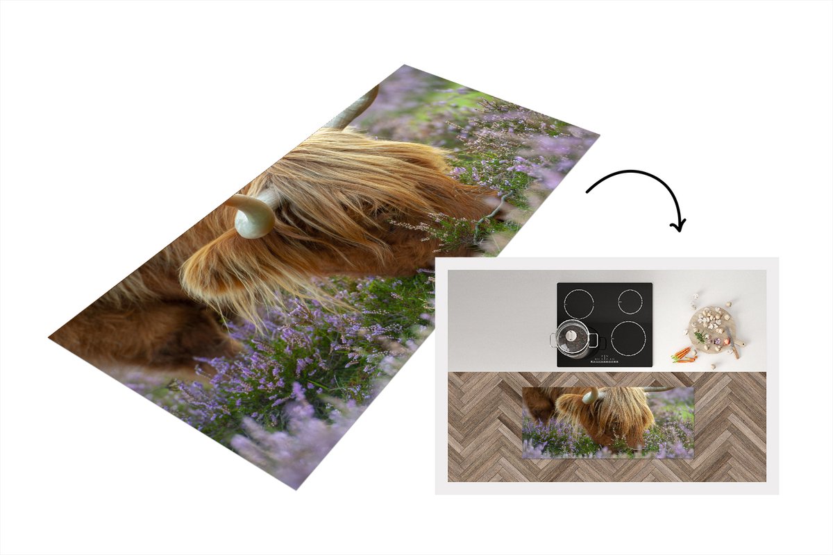 KitchenYeah Keukenloper - Loper keuken - Schotse Hooglander - Hoorns - Heide - 120x50 cm - Keukenloper vinyl Multicolor