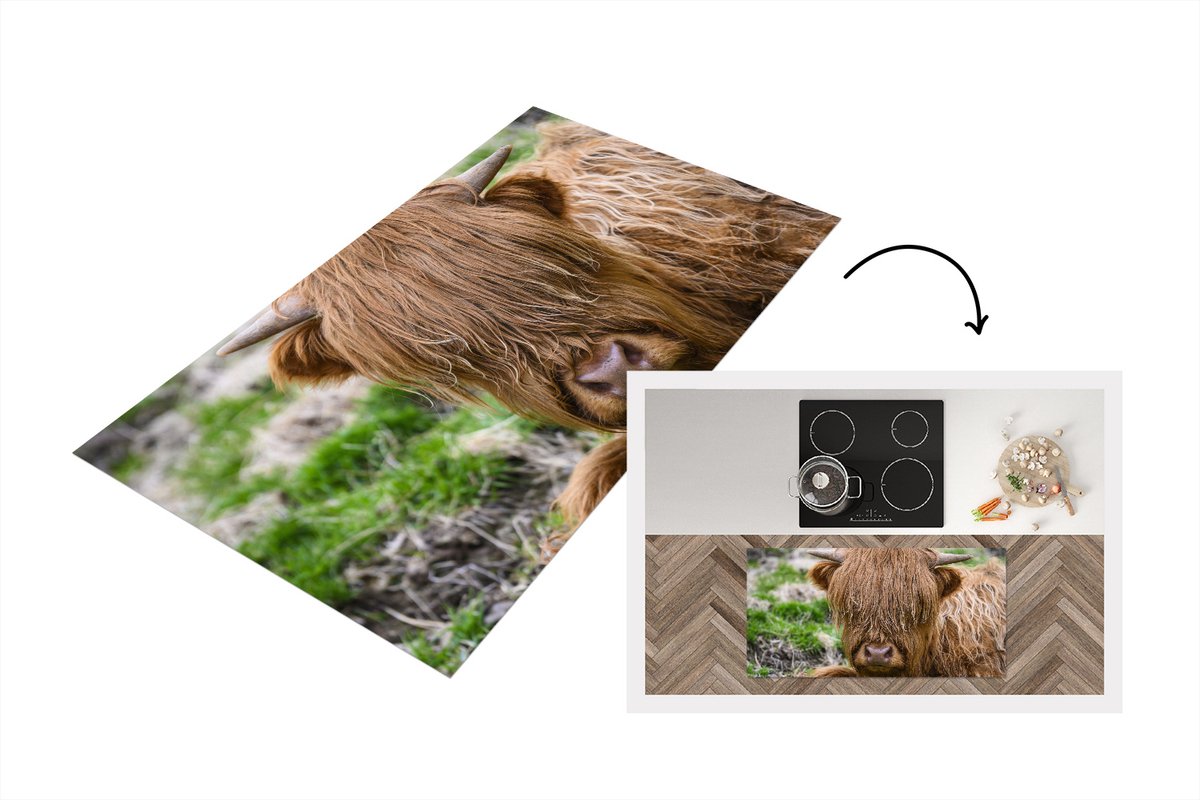 KitchenYeah Keukenloper - Loper keuken - Schotse Hooglander - Hooi - Gras - 120x60 cm - Keukenloper vinyl Multicolor
